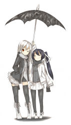 Rule 34 | 2girls, bad id, bad pixiv id, closed eyes, female focus, ganesagi, highres, holding, holding umbrella, multiple girls, one eye closed, pixiv shadow, reaching, red eyes, scarf, shared clothes, shared scarf, thighhighs, twintails, umbrella, white background, white hair, wink