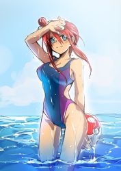 Rule 34 | 1girl, competition swimsuit, creatures (company), female focus, game freak, gym leader, highres, long hair, looking at viewer, mintes, nintendo, one-piece swimsuit, pokemon, pokemon bw, ponytail, red hair, sky, skyla (pokemon), solo, swimsuit, water