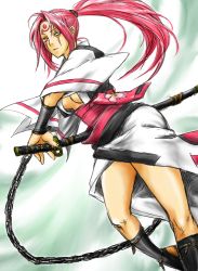 Rule 34 | 1girl, ahomira, arc system works, baiken, breasts, chain, cleavage, guilty gear, japanese clothes, kimono, leg warmers, obi, one-eyed, open clothes, open kimono, pink eyes, pink hair, ponytail, sandals, sash, scar, scar across eye, scar on face, solo, sword, tattoo, underboob, weapon
