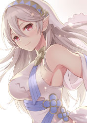 Rule 34 | 1girl, absurdres, bare shoulders, breasts, closed mouth, corrin (female) (fire emblem), corrin (fire emblem), fire emblem, fire emblem fates, fire emblem heroes, from side, highres, long hair, looking to the side, medium breasts, nintendo, pointy ears, red eyes, shiyo yoyoyo, simple background, smile, solo, upper body, veil, white background, white hair