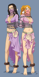 2girls bdsm black_hair blonde_hair blue_eyes bondage bound breasts brown_eyes cleavage cleave_gag cloth_gag feet full_body gag gagged highres improvised_gag long_hair looking_at_viewer lost_one_zero multiple_girls nami_(one_piece) navel nico_robin one_piece one_piece_heart_of_gold standing tiptoes