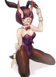 Rule 34 | 1girl, absurdres, animal ears, bare shoulders, blush, bob cut, breasts, brown pantyhose, cleavage, detached collar, eyeliner, fake animal ears, fang, fate/grand order, fate (series), glasses, headpiece, highleg, highleg leotard, highres, horns, leotard, looking at viewer, makeup, medium breasts, one eye closed, oni, open mouth, pantyhose, playboy bunny, purple eyes, purple hair, purple leotard, rabbit ears, rabbit tail, short hair, shuten douji (fate), simple background, sitting, skin-covered horns, smile, sookmo, tail, thighs, wariza, white background, wrist cuffs