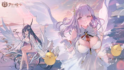 Rule 34 | 2girls, azur lane, bare shoulders, bird, black hair, branch, breasts, brown eyes, cleavage, cloud, cloudy sky, commentary request, copyright name, crossed legs, dress, feathers, gloves, gradient sky, hair ornament, hand on own chest, high heels, highres, indomitable (azur lane), large breasts, logo, long hair, looking at viewer, manjuu (azur lane), multiple girls, ocean, official art, okku, outdoors, outstretched hand, parted lips, plymouth (azur lane), purple eyes, purple hair, simple background, sitting, sky, sleeveless, sleeveless dress, smile, sunlight, thighs, water, water drop, white dress, white gloves