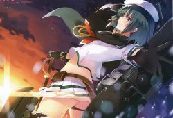 Rule 34 | 1girl, absurdres, belt, black gloves, breasts, closed mouth, cloud, gloves, green eyes, green hair, hat, highres, holding, kantai collection, kiso (kancolle), looking at viewer, machinery, midriff, miniskirt, mishima kurone, outdoors, pleated skirt, scan, school uniform, short hair, skirt, sky, small breasts, smile, solo, star (sky), starry sky, sunset, sword, turret, weapon