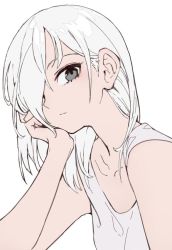 Rule 34 | 1girl, bare shoulders, closed mouth, commentary, dress, english commentary, flat color, from side, grey eyes, hair over one eye, hand on own chin, head rest, looking at viewer, oopartz yang, original, parted bangs, simple background, solo, uma (oopartz yang), upper body, white background, white dress, white hair