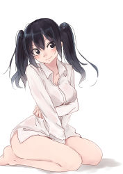Rule 34 | 1girl, absurdres, bare legs, barefoot, between legs, black eyes, black hair, blush, breasts, cleavage, closed mouth, collared shirt, hand between legs, head tilt, highres, large breasts, looking at viewer, naked shirt, original, rucchiifu, seiza, shirt, simple background, sitting, smile, solo, twintails, white background, wing collar