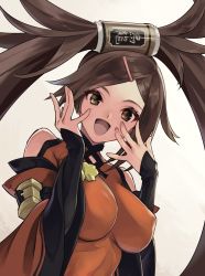 Rule 34 | 1girl, bare shoulders, breasts, brown eyes, brown hair, china dress, chinese clothes, covered erect nipples, dress, fingernails, guilty gear, guilty gear xrd, hair between eyes, hand on own face, jako (toyprn), kuradoberi jam, large breasts, long hair, long sleeves, looking at viewer, open mouth, smile, solo, tin can, white background, wide sleeves