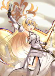 Rule 34 | 1girl, armor, armored boots, armored dress, black thighhighs, blonde hair, blue eyes, blush, boots, dress, fate/grand order, fate (series), female focus, flag, fur-trimmed legwear, fur trim, gamyuu (gamyu), headpiece, holding, holding flag, holding sword, holding weapon, jeanne d&#039;arc (fate), jeanne d&#039;arc (ruler) (fate), jeanne d&#039;arc (third ascension) (fate), long hair, looking to the side, open mouth, plackart, solo, standing, sword, thighhighs, weapon, white dress