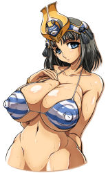 Rule 34 | 1girl, bikini, bikini top only, black hair, blue eyes, blush, bottomless, bracelet, breasts, cleavage, collarbone, covered erect nipples, female focus, highres, huge breasts, huge nipples, jewelry, large breasts, menace (queen&#039;s blade), navel, nipples, puffy nipples, queen&#039;s blade, setra, simple background, smile, solo, standing, striped bikini, striped clothes, sweat, swimsuit, tiara, white background, yukimaru (gojo)