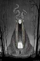 Rule 34 | 1girl, 2020, absurdres, bare tree, blonde hair, commentary, creature, curled horns, eldritch abomination, english commentary, forest, giant, giant monster, greyscale, highres, horns, jr (jarsarts), laa-laa, long hair, monochrome, nature, no pupils, silhouette, static, teletubbies, television, tree, white eyes