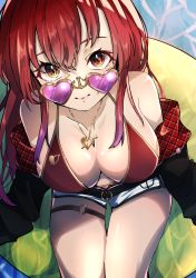 Rule 34 | 1girl, absurdres, artist request, bare shoulders, bikini, black jacket, breasts, cleavage, female focus, glasses, hair between eyes, heart, heart-shaped eyewear, heterochromia, highres, hololive, houshou marine, jacket, jewelry, long hair, looking at viewer, looking over eyewear, looking over glasses, necklace, off shoulder, open clothes, pink-tinted eyewear, pink-tinted glasses, red eyes, red hair, short shorts, shorts, sitting, solo, sunglasses, swimsuit, tagme, thigh strap, thighs, tinted eyewear, virtual youtuber, water, white shorts, yellow eyes