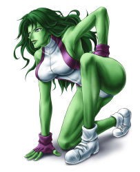 Rule 34 | 1girl, breasts, capcom, cleavage, colored skin, female focus, fingerless gloves, gloves, green eyes, green hair, green skin, hand on thigh, jennifer walters, large breasts, leotard, long hair, loose socks, marvel, marvel vs. capcom, matching hair/eyes, nose, on one knee, she-hulk, shimusu, shirt, shoes, sideboob, sneakers, socks, solo, taut clothes, taut shirt