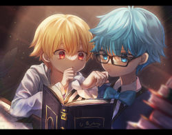 Rule 34 | 2boys, absurdres, black-framed eyewear, blonde hair, blue bow, blue eyes, blue hair, blue vest, book, book stack, bow, bowtie, child gilgamesh (fate), fate/extra, fate/grand order, fate/hollow ataraxia, fate (series), gilgamesh (fate), glasses, hans christian andersen (fate), highres, hood, hoodie, indoors, letterboxed, male focus, multiple boys, nagute, reading, red eyes, vest, white hoodie