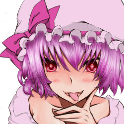 Rule 34 | 1girl, anthocyanin, blush, collarbone, finger to own chin, hat, lavender dress, mob cap, portrait, purple hair, remilia scarlet, ribbon, symbol-shaped pupils, tongue, tongue out, white background