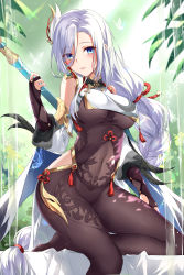 Rule 34 | black bodysuit, black legwear, blue eyes, bodysuit, breasts, bug, butterfly, covered navel, devil heavens, eyes visible through hair, fingerless gloves, genshin impact, gloves, hair ornament, hair over one eye, half-closed eyes, highres, holding, holding weapon, insect, long hair, looking at viewer, parted lips, polearm, shenhe (genshin impact), solo, thighs, very long hair, weapon, white hair