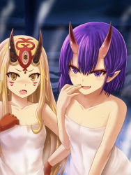 Rule 34 | 2girls, :d, :o, bare arms, bare shoulders, blonde hair, blush, collarbone, covered erect nipples, facial mark, fang, fate/grand order, fate (series), flat chest, forehead mark, foreshortening, hand on own chest, hand on own hip, haura akitoshi, horns, ibaraki douji (fate), leaning forward, long hair, looking at viewer, multiple girls, naughty face, nose blush, onsen, open mouth, pointy ears, purple eyes, purple hair, short hair, shuten douji (fate), skin-covered horns, smile, steam, straight hair, tsurime, upper body, very long hair, water drop, wet, whisker markings, yellow eyes
