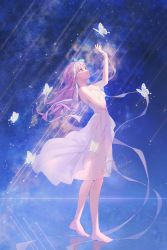 Rule 34 | 1girl, absurdres, barefoot, bug, butterfly, commission, dress, hair ribbon, highres, insect, long hair, night, night sky, patch oxxo, purple hair, reflective floor, ribbon, sky, smile, walking, white dress