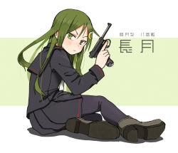Rule 34 | 1girl, annin musou, bad id, bad twitter id, black pantyhose, black sailor collar, black serafuku, black skirt, blush, character name, closed mouth, crescent, crescent hair ornament, green eyes, green hair, gun, hair ornament, holding, holding gun, holding weapon, kantai collection, long hair, long sleeves, nagatsuki (kancolle), pantyhose, pleated skirt, sailor collar, school uniform, serafuku, simple background, sitting, skirt, solo, two-tone background, weapon, weapon request
