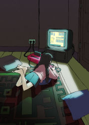 Rule 34 | 1girl, absurdres, ao oni, barefoot, blue skirt, bookshelf, braid, brown hair, controller, crt, dark, door, feet, feet up, from behind, full body, game cartridge, game console, game controller, highres, indoors, long hair, long sleeves, lying, madotsuki, miniskirt, on pillow, on stomach, pantsu-ripper, pillow, pink sweater, playing games, rug, skirt, solo, sweater, table, television, twin braids, wooden floor, yume nikki