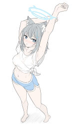 Rule 34 | 1girl, animal ear fluff, animal ears, arms up, blue archive, blue eyes, blue halo, blue shorts, blush, breasts, collarbone, commentary, cross hair ornament, dolphin shorts, full body, grey hair, hair between eyes, hair ornament, halo, highres, masabodo, medium breasts, medium hair, mismatched pupils, navel, parted lips, shiroko (blue archive), shirt, short sleeves, shorts, simple background, solo, standing, symbol-only commentary, white background, white shirt, wolf ears