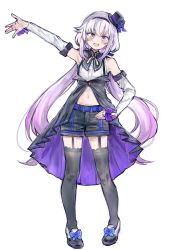 Rule 34 | .live, 1girl, absurdres, alternate costume, alternate hairstyle, arm up, belt, black thighhighs, blush, carro pino, detached sleeves, full body, headband, highres, long hair, looking at viewer, low twintails, navel, open mouth, ouka (yama), purple eyes, ribbon, shorts, standing, thighhighs, twintails, virtual youtuber