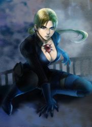Rule 34 | 1girl, blonde hair, blue eyes, bodysuit, breasts, cleavage, duplicate, holster, jill valentine, large breasts, long hair, ponytail, resident evil, resident evil 5, solo, spoilers, squatting