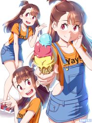 Rule 34 | !, 10s, 1girl, :d, absurdres, artist name, blunt bangs, blush, brown hair, clothes writing, collarbone, danfer3, food, highres, ice cream, ice cream cone, kagari atsuko, leaning forward, little witch academia, long hair, looking at viewer, multiple views, open mouth, orange shirt, overalls, red eyes, shirt, short sleeves, sidelocks, simple background, smile, solo focus, suspenders, teeth, white background