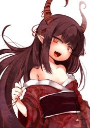 Rule 34 | 1girl, bare shoulders, bell, black hair, collarbone, demon girl, fang, horns, japanese clothes, kimono, obi, open mouth, original, pointy ears, red eyes, sash, simple background, solo, tsujiura ayari, white background