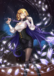 Rule 34 | 1girl, adsouto, blonde hair, breasts, cape, cleavage, cleavage cutout, clothing cutout, corset, earrings, covered erect nipples, glasses, glynda goodwitch, green eyes, highres, jewelry, magic, medium breasts, pantyhose, pencil skirt, riding crop, rwby, shirt, skirt, star (symbol), starry background, tagme, taut clothes, taut shirt, teacher