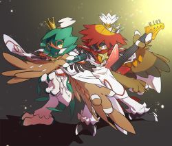 Rule 34 | commentary request, creatures (company), decidueye, electric guitar, game freak, gen 7 pokemon, guitar, highres, hisuian decidueye, holding, holding instrument, holding microphone, instrument, looking at viewer, microphone, nintendo, no humans, one eye closed, open mouth, pkpokopoko3, pokemon, pokemon (creature), red pupils, smile, standing, yellow eyes
