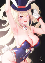 Rule 34 | 1girl, absurdres, animal ears, armpits, azur lane, black background, blonde hair, blue headwear, blue leotard, breasts, cleavage, commentary request, detached collar, eyes visible through hair, fake animal ears, frilled leotard, frills, gloves, gradient eyes, guam (azur lane), guam (stage-setting charmer) (azur lane), hair between eyes, heart, heart tattoo, highleg, highleg leotard, highres, large breasts, leotard, looking at viewer, multicolored eyes, official alternate costume, open mouth, playboy bunny, prophecy (rakuichimonji), purple eyes, rabbit ears, signature, simple background, solo, star-shaped pupils, star (symbol), strapless, strapless leotard, symbol-shaped pupils, tattoo, undersized breast cup, white gloves