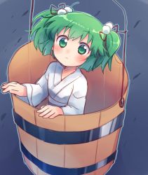 Rule 34 | 1girl, blush, bucket, closed mouth, commentary request, green eyes, green hair, hair between eyes, hair bobbles, hair ornament, highres, in bucket, in container, japanese clothes, kimono, kisume, short hair, solo, touhou, twintails, upper body, white kimono, wooden bucket, xox xxxxxx