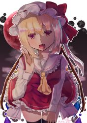 Rule 34 | 1girl, adapted costume, artist name, ascot, back bow, black thighhighs, bow, breasts, brown background, chisiro unya (unya draw), collared shirt, crystal, flandre scarlet, frilled shirt collar, frilled skirt, frills, hair between eyes, hat, hat ribbon, head tilt, highres, large bow, leaning forward, long sleeves, looking at viewer, medium hair, mob cap, moon, multicolored wings, one side up, red eyes, red moon, red ribbon, red skirt, red vest, ribbon, ribbon-trimmed headwear, ribbon trim, shirt, signature, simple background, skirt, small breasts, solo, thighhighs, touhou, twitter username, vest, white background, white bow, white hat, white shirt, wings, yellow ascot, zettai ryouiki