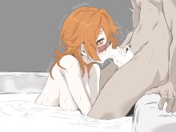 1boy 1girl autumn_time_(sakura_stand) bath bathroom blush fellatio hetero nude oral orange_eyes orange_hair penis racoon_girl sakura_stand solo_focus underfate