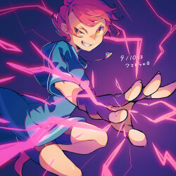 Rule 34 | 1girl, bike shorts, black shorts, blue background, blue dress, dated, dress, electricity, fingernails, foreshortening, grin, highres, hooded dress, jewelry, kumatora, looking at viewer, mother (game), mother 3, necklace, nintendo, pink hair, shifumame, shorts, smile, solo, translation request