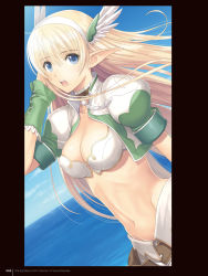 Rule 34 | 1girl, adjusting hair, belt, belt pouch, blonde hair, blue eyes, blue sky, breasts, choker, cleavage, cleavage cutout, clothing cutout, cloud, cloudy sky, day, dress, dutch angle, elf, elwing, feathers, fingerless gloves, frilled choker, frills, gloves, green gloves, groin, hairband, head wings, highres, long hair, medium breasts, midriff, navel, ocean, official art, open mouth, outdoors, page number, pointy ears, pouch, puffy short sleeves, puffy sleeves, scan, shining (series), shining ark, short sleeves, skirt, sky, solo, tony taka, upper body, water, wings