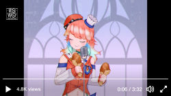 Rule 34 | 1girl, artist name, chef hat, chicken leg, closed eyes, dancing, fake video, food, green hair, hat, highres, holding, holding food, hololive, hololive english, holomyth, meme, microphone, midriff, misiwasy, multicolored hair, navel, never gonna give you up, red hair, red shirt, shirt, sleeveless, sleeveless shirt, smile, solo, takanashi kiara, takanashi kiara (1st costume), virtual youtuber