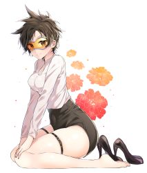 Rule 34 | 1girl, bad id, bad twitter id, barefoot, black footwear, black nails, breasts, brown eyes, brown hair, cleavage, covered navel, ear piercing, feet, fingernails, floral background, goggles, high heels, highres, looking at viewer, medium breasts, mikan nugu, nail polish, overwatch, overwatch 1, piercing, shirt, shoes, unworn shoes, short hair, shorts, sitting, smile, solo, spiked hair, thigh strap, tracer (overwatch), wariza