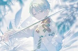 Rule 34 | 1boy, bishounen, bow (music), byuey, eyeliner, highres, holding instrument, holding violin, instrument, long sleeves, looking at viewer, makeup, male focus, music, original, parted bangs, playing instrument, short hair, solo, upper body, violin