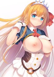 Rule 34 | 1girl, blue eyes, blush, braid, breasts, breasts out, closed mouth, gloves, highres, koko (koko3), large breasts, long hair, looking at viewer, nipples, orange hair, pecorine (princess connect!), princess connect!, red ribbon, ribbon, simple background, skirt, standing, tiara, white background, white gloves, white skirt