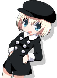 Rule 34 | 1girl, :d, black dress, black hat, blonde hair, blue eyes, breasts, cabbie hat, character request, collared dress, commentary request, cowboy shot, dress, hair between eyes, hands on own hips, hat, hi no tori, long sleeves, open mouth, osaragi mitama, shadow, short hair, small breasts, smile, solo, white background