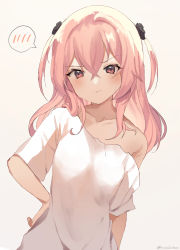 Rule 34 | 1girl, black flower, black rose, breasts, closed mouth, crossed bangs, embarrassed, flower, hair between eyes, hair flower, hair ornament, hand on own hip, highres, himechi, inui sajuna, long hair, looking at viewer, off shoulder, pink eyes, pink hair, rose, shirt, simple background, small breasts, solo, sono bisque doll wa koi wo suru, spoken blush, sweatdrop, twitter username, two side up, upper body, white shirt