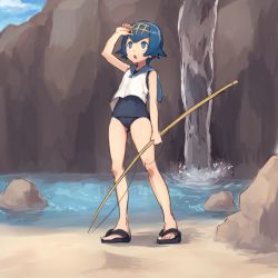 Rule 34 | 1girl, arm up, bare legs, blue eyes, blue hair, blue sailor collar, chorefuji, cloud, covered navel, creatures (company), fishing line, fishing rod, full body, game freak, hairband, holding, lana (pokemon), looking up, nintendo, one-piece swimsuit, open mouth, outdoors, pokemon, pokemon sm, pond, rock, sailor collar, sandals, shirt, short hair, sky, sleeveless, solo, standing, swimsuit, swimsuit under clothes, trial captain, water, white shirt