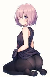 Rule 34 | 1girl, absurdres, ass, bare shoulders, black dress, black pantyhose, blush, breasts, collared dress, crotch seam, dress, fate/grand order, fate (series), feet, from behind, hair over one eye, highres, jp06, looking at viewer, looking back, mash kyrielight, medium breasts, no shoes, panties, panties under pantyhose, pantyhose, purple eyes, seiza, short hair, simple background, sitting, soles, solo, underwear, white background