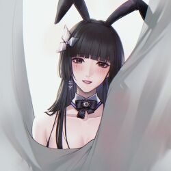 Rule 34 | 1girl, angon623, animal ear hairband, animal ears, black bow, black bowtie, black hair, blunt bangs, blunt ends, blush, bow, bowtie, breasts, brown eyes, collarbone, curtains, detached collar, earrings, fake animal ears, hairband, hime cut, jewelry, long hair, looking at viewer, medium breasts, mole, mole under eye, nude, parted lips, path to nowhere, petal earrings, rabbit ear hairband, rabbit ears, shuriken hair ornament, single earring, smile, solo, straight-on, sumire (path to nowhere), upper body