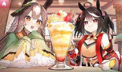 Rule 34 | + +, 2girls, ahoge, animal ears, arisakak (valshun1225), black hair, bow, brown hair, cherry, cleavage cutout, clothing cutout, commentary request, cream, dessert, detached sleeves, dual wielding, food, food on body, frilled sleeves, frills, fruit, gameplay mechanics, gelatin, hair bow, hair ornament, highres, holding, horse ears, horse girl, indoors, kitasan black (umamusume), long hair, multicolored hair, multiple girls, orange eyes, parfait, partial commentary, red eyes, satono diamond (umamusume), short hair, sleeves past wrists, spoon, strawberry, streaked hair, two-tone hair, umamusume, wafer stick, white hair