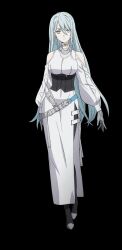 Rule 34 | 1girl, blue eyes, closed mouth, dress, gloves, grey gloves, long hair, looking at viewer, schnee (synduality), smile, solo, synduality, very long hair, white dress