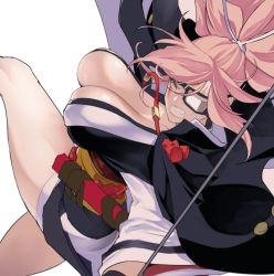 Rule 34 | 1girl, amputee, baiken, big hair, black jacket, black kimono, breasts, cleavage, clenched teeth, eyepatch, guilty gear, guilty gear xrd, high ponytail, holding, holding sword, holding weapon, jacket, jacket on shoulders, jako (toyprn), japanese clothes, kataginu, katana, kimono, large breasts, multicolored clothes, multicolored kimono, obi, one-eyed, open clothes, open kimono, pink hair, ponytail, samurai, sash, scar, scar across eye, scar on face, sheath, sidelocks, sword, teeth, thighs, weapon, white kimono