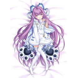 Rule 34 | 1girl, animal hands, azur lane, blue eyes, blush, earmuffs, erspace, full body, hair ornament, long hair, looking at viewer, no shoes, open mouth, purple hair, ribbon, solo, tashkent (azur lane), thighhighs, white thighhighs, winter clothes