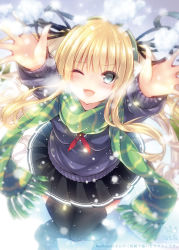 Rule 34 | 1girl, ;d, arms up, black footwear, black ribbon, black skirt, black thighhighs, blonde hair, blue eyes, blush, breath, cold, commentary request, earmuffs, fang, fringe trim, from above, full body, green scarf, hair ribbon, kabocha usagi, knees together feet apart, loafers, long hair, long sleeves, looking at viewer, looking up, one eye closed, open mouth, outdoors, outstretched arms, pleated skirt, purple sweater, reaching, reaching towards viewer, ribbon, saenai heroine no sodatekata, sample watermark, sawamura spencer eriri, scarf, school uniform, shoes, sidelocks, signature, skirt, smile, snow, snowing, solo, standing, striped clothes, striped scarf, sweater, thighhighs, twintails, v-neck, watermark